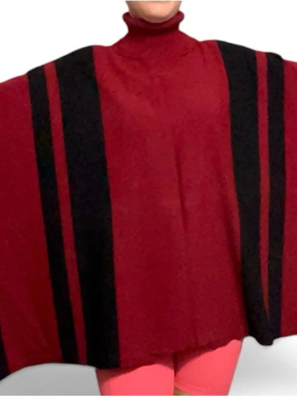 Woman’s Red and Black Turtleneck Poncho Sweater